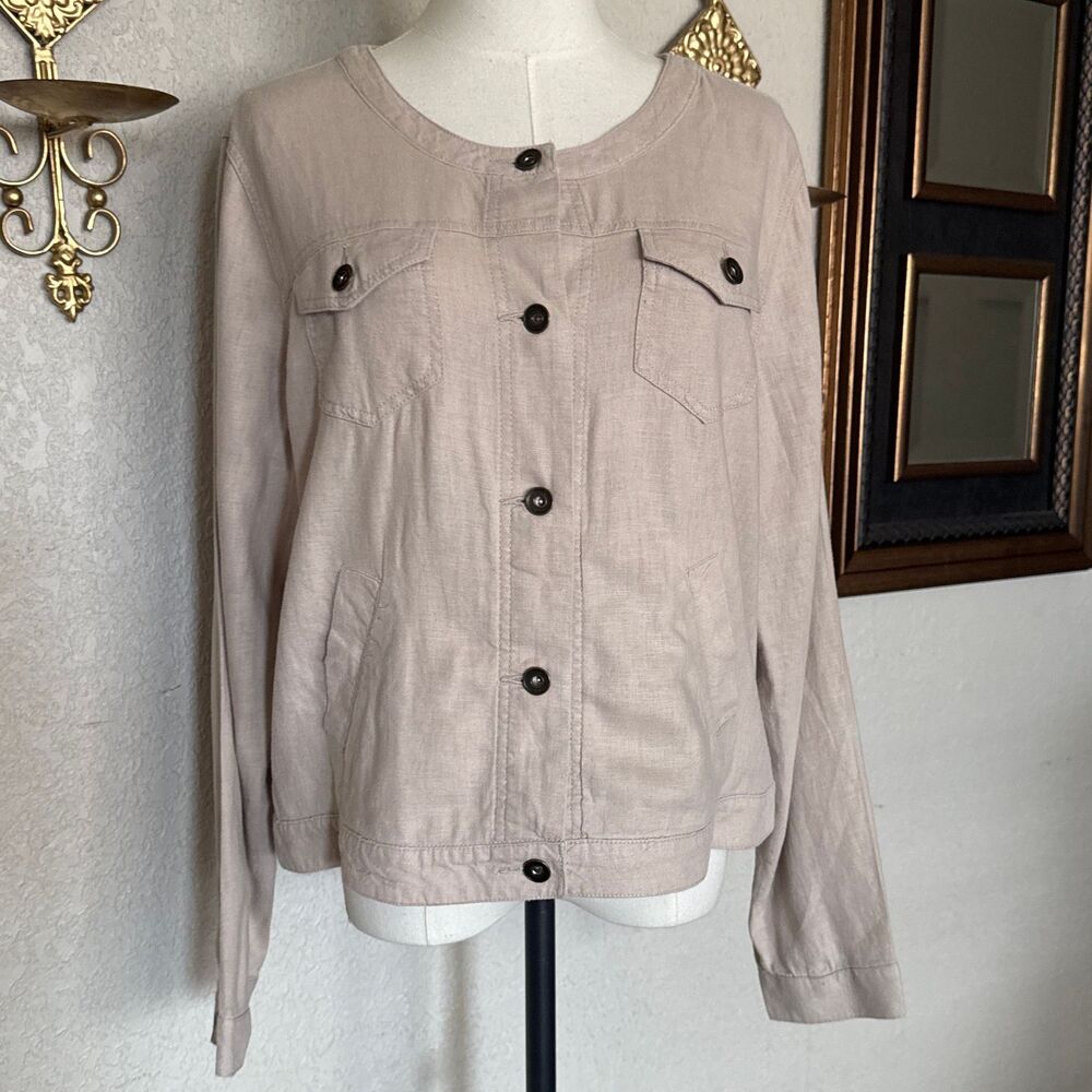 Vintage 90s Linen Button Up Crop Jacket Sz XL Light Natural Beige Pockets Boho